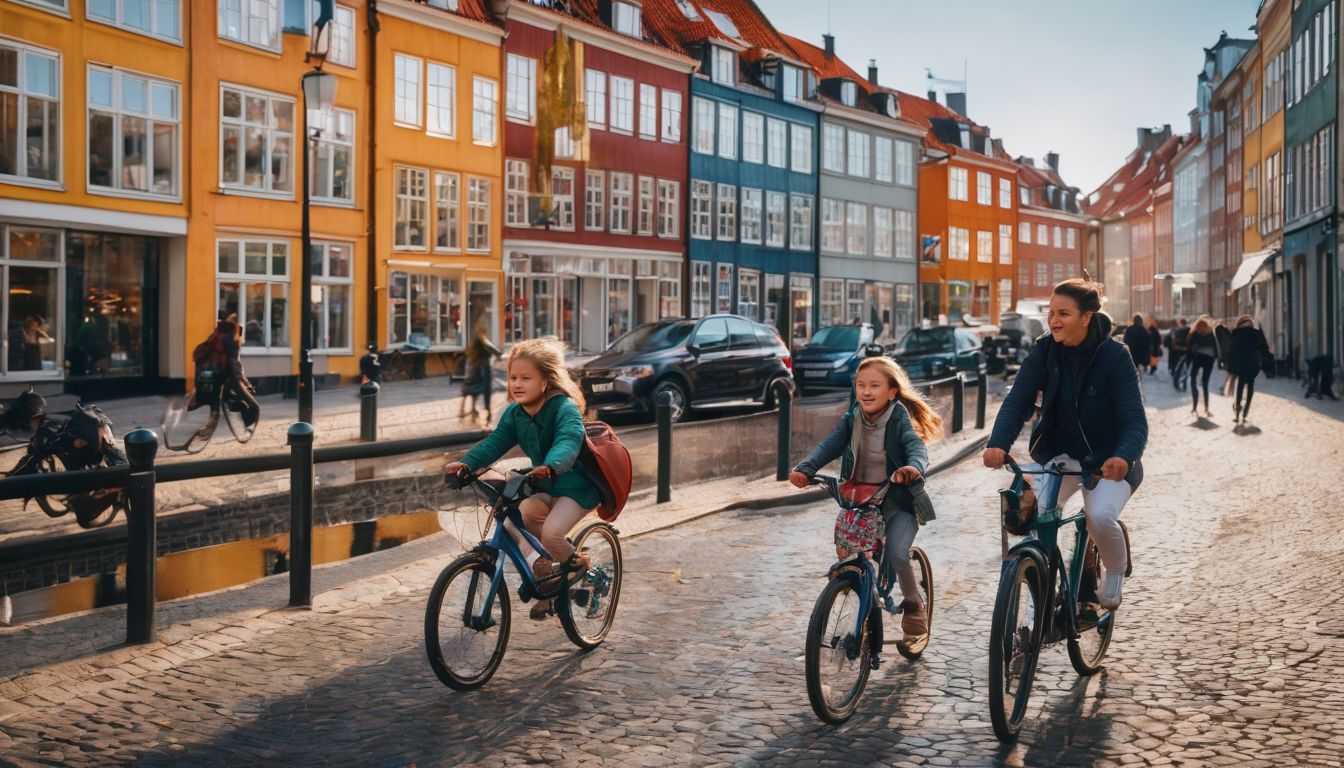 Eine Familie radelt durch die bunten Straßen von Kopenhagen.