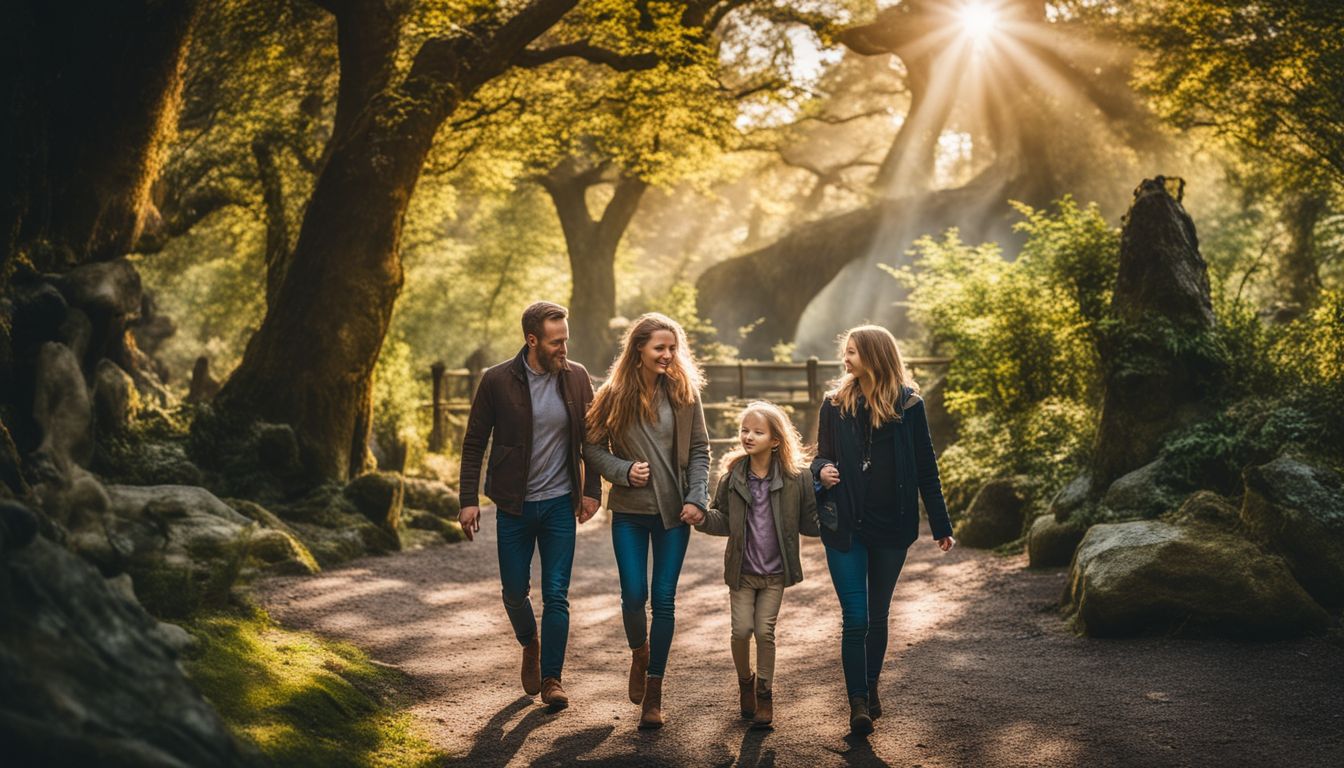 Eine vierköpfige Familie spaziert durch den Kopenhagener Zoo und betrachtet die Tierwelt.