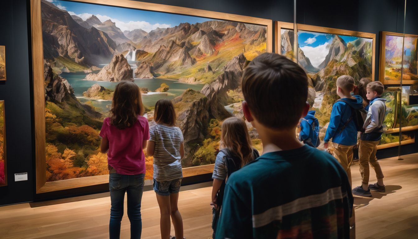 Eine Gruppe von Kindern erkundet kunstvolle Ausstellungen in einem Museum.