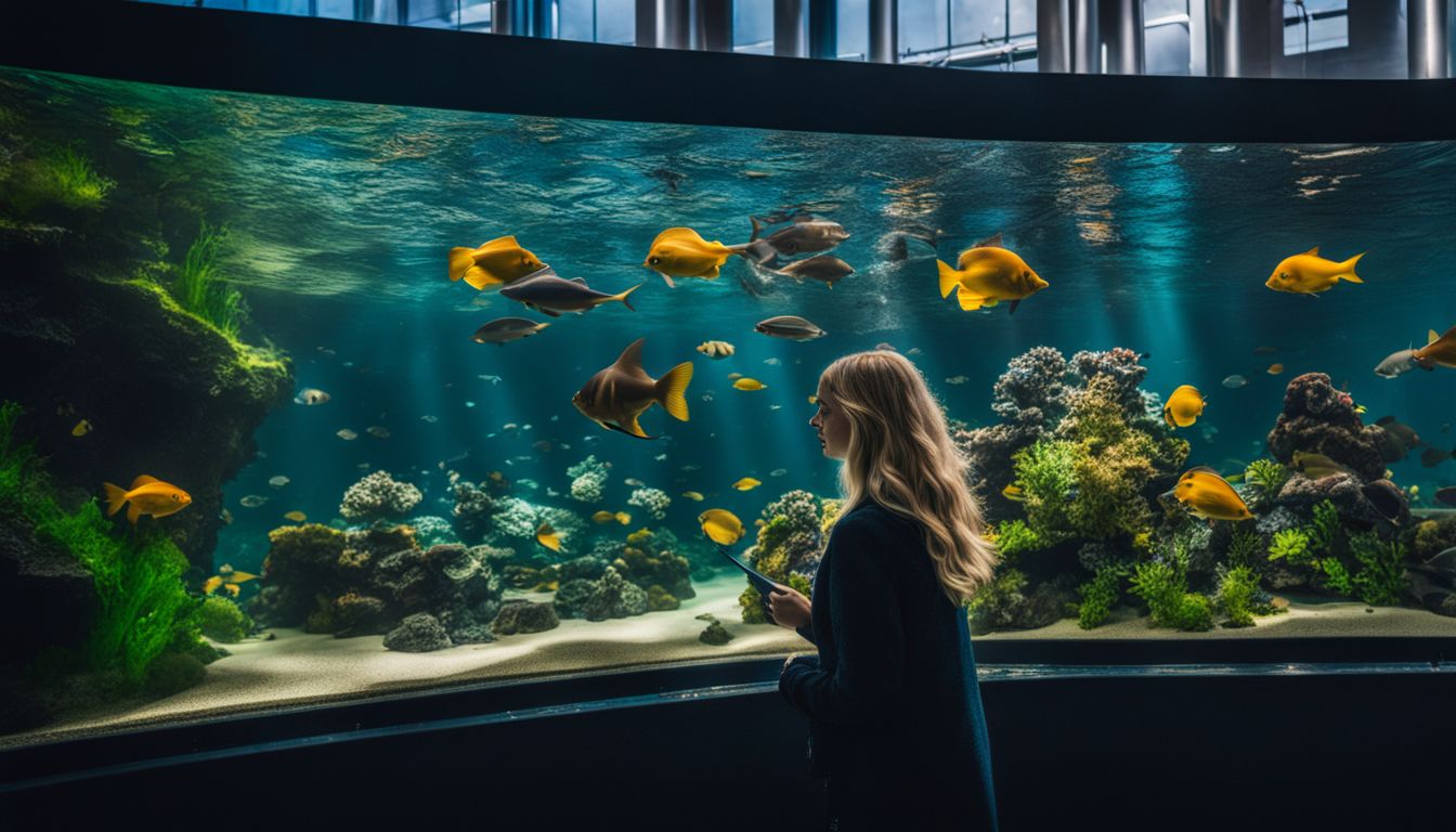 Ein lebendiges Aquarium mit vielfältigem Meeresleben und Besuchern.