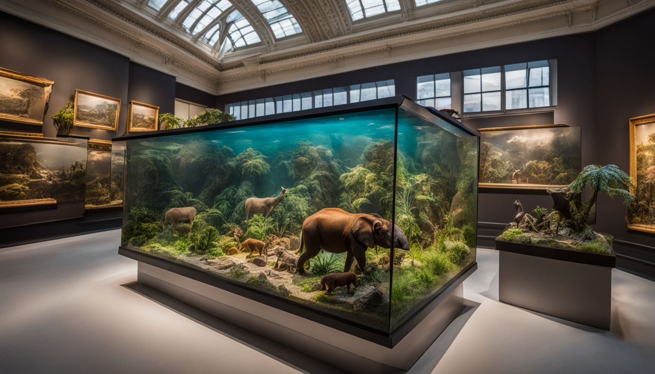 Eine lebensechte Tierdioramen-Ausstellung im Naturkundemuseum mit verschiedenen Tieren und Umgebungen.