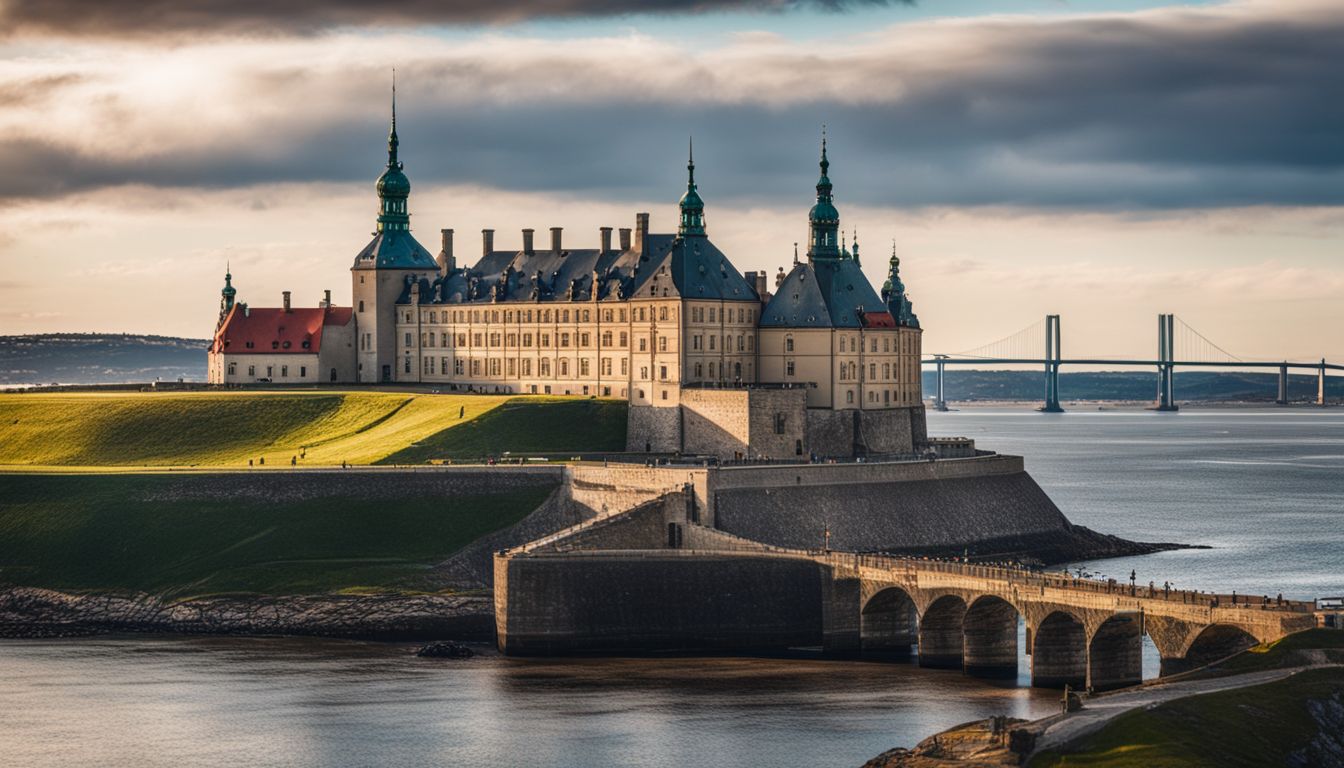 Eine Fotografie von Schloss Kronborg mit der Öresund-Brücke im Hintergrund, verschiedene Gesichter und Outfits.