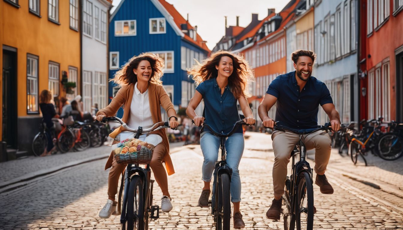 Eine glückliche Familie genießt eine Fahrradtour durch die bunten Straßen von Kopenhagen.